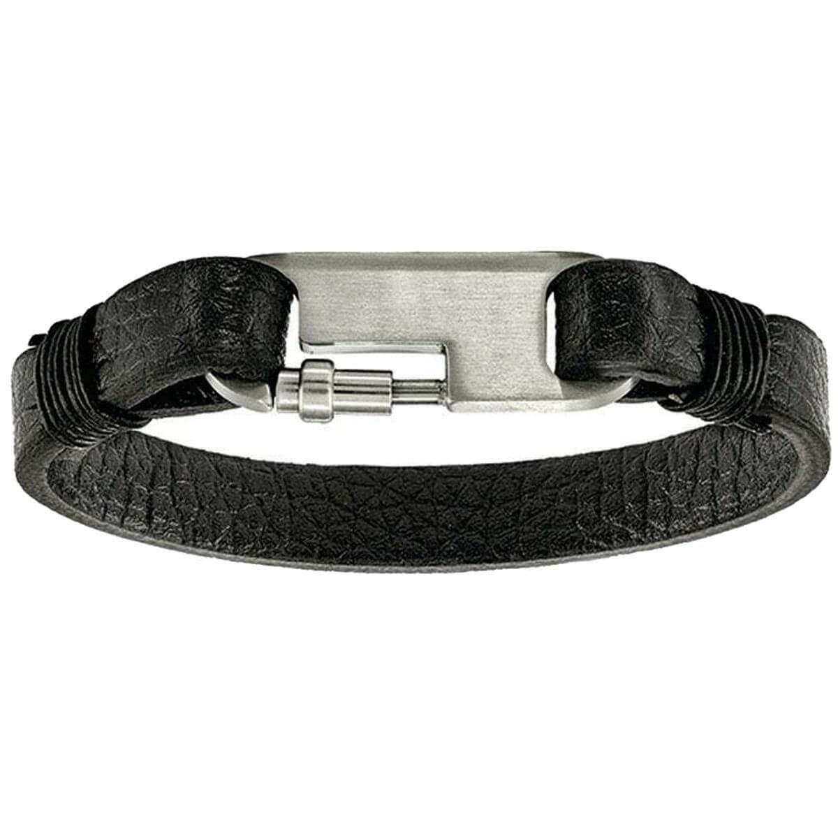 Chisel Men’s Bracelet Stainless Steel Brushed Black Genuine Leather, 8 inch