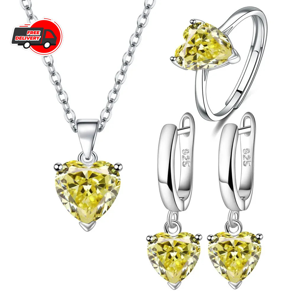 CHSHINE 925 Silver Jewelry Sets For Women Heart Zircon Ring Earrings Necklace