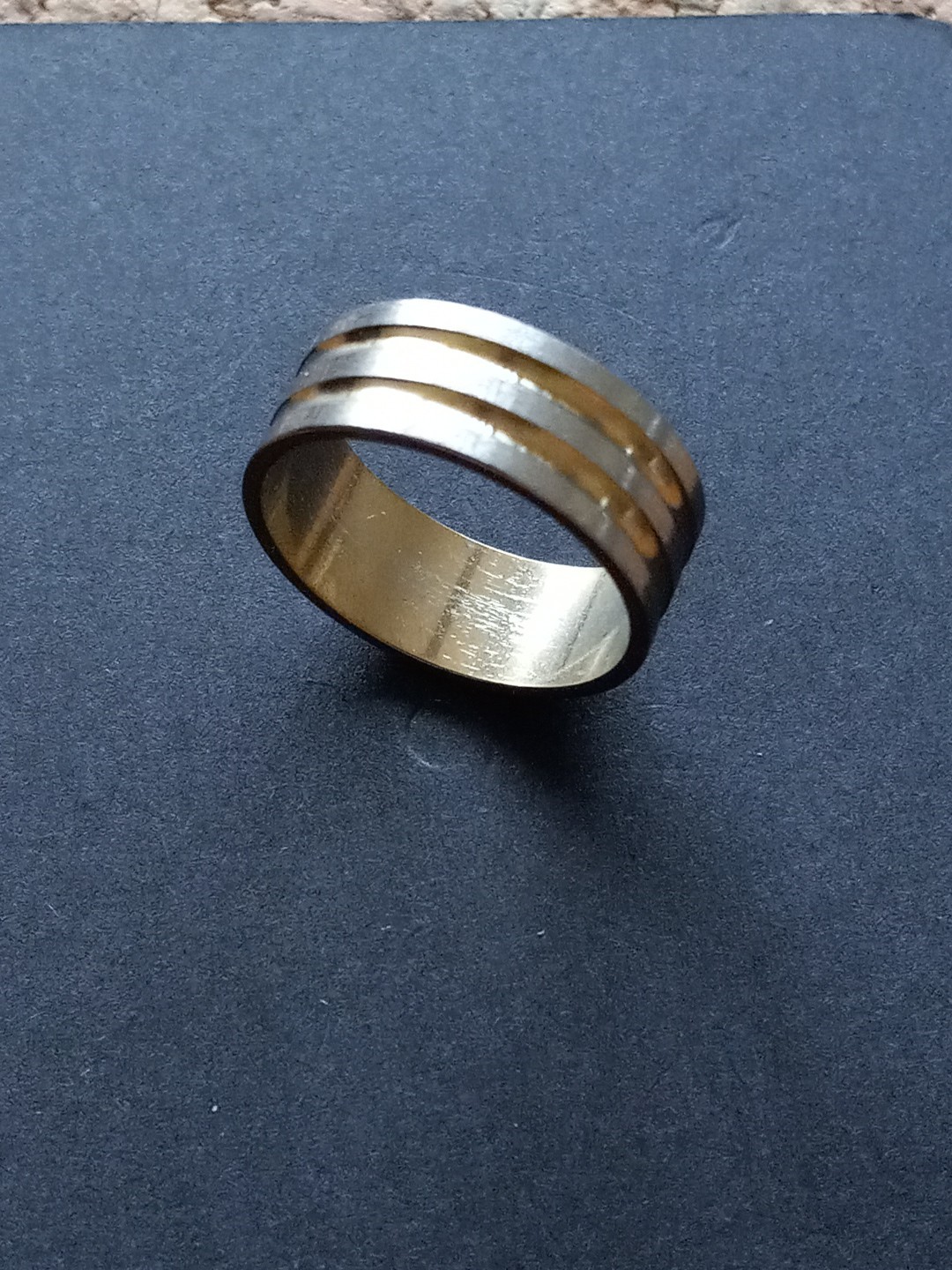 Stainless Steel Fashion Ring – Brushed W/2 Gold Bands. 7mm Wide Size 6 B80