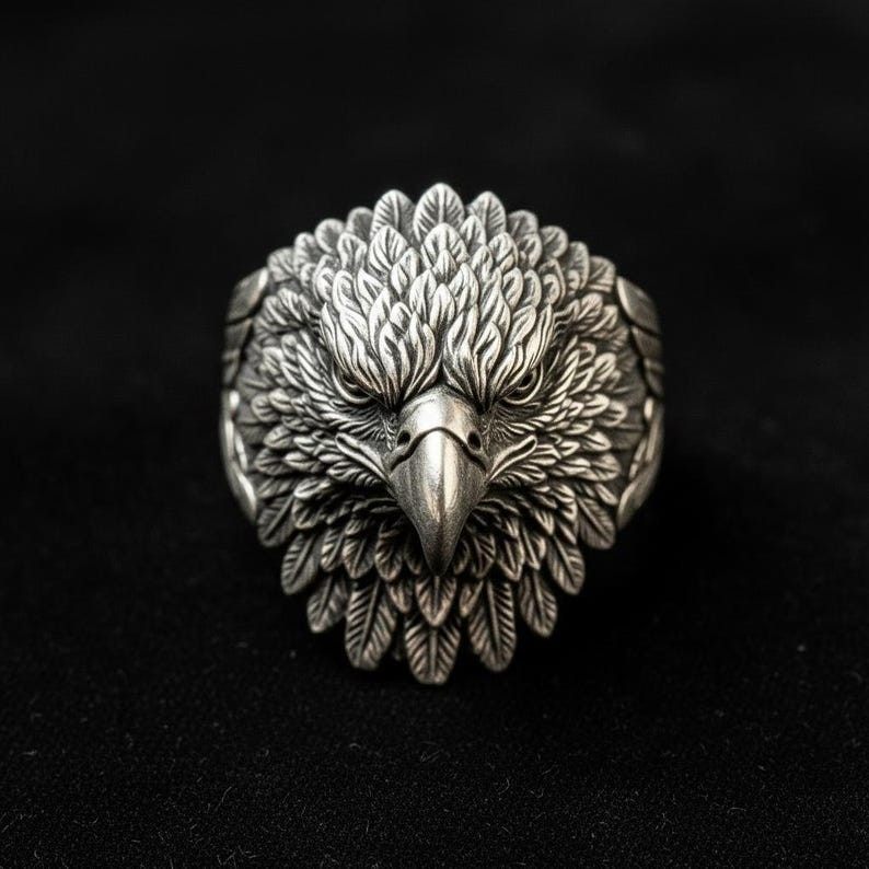 925 Sterling Silver Eagle Head Ring Mens Vintage Oxidized Statement Band New