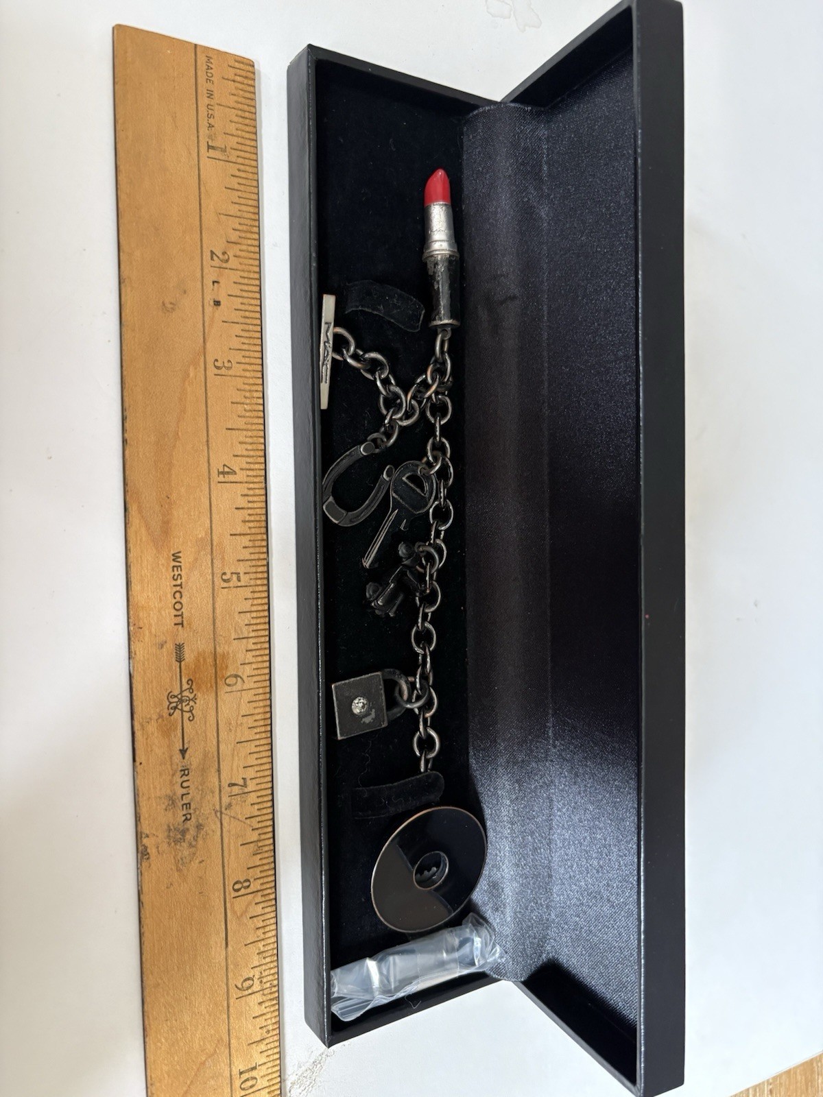 Vintage MAC Charm Bracelet Lipstick Black Signed Key Employee Only Collectibles