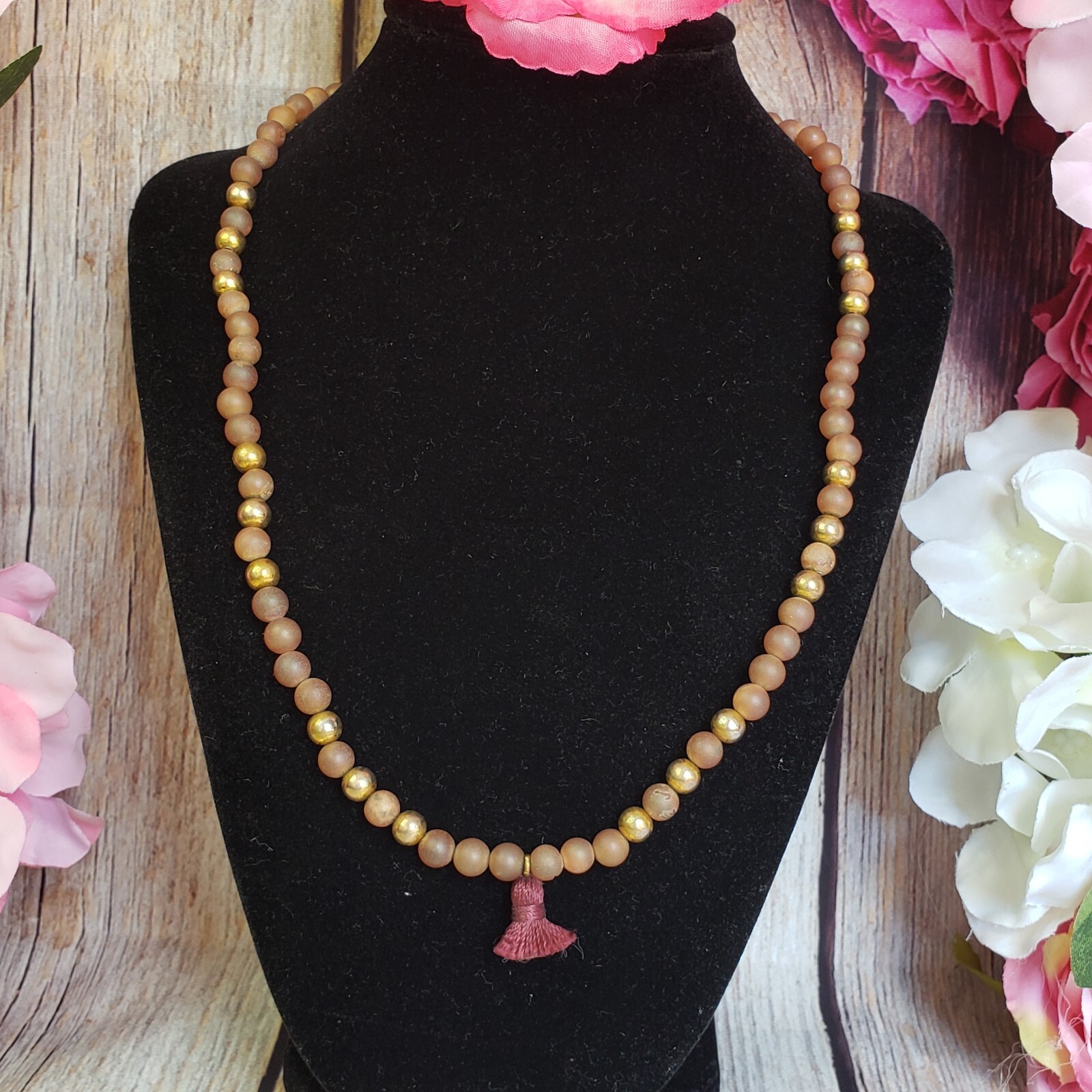 GORJANA Brown Druzy Quartz Stone Gold Tone Beaded Stretch Tassel Necklace