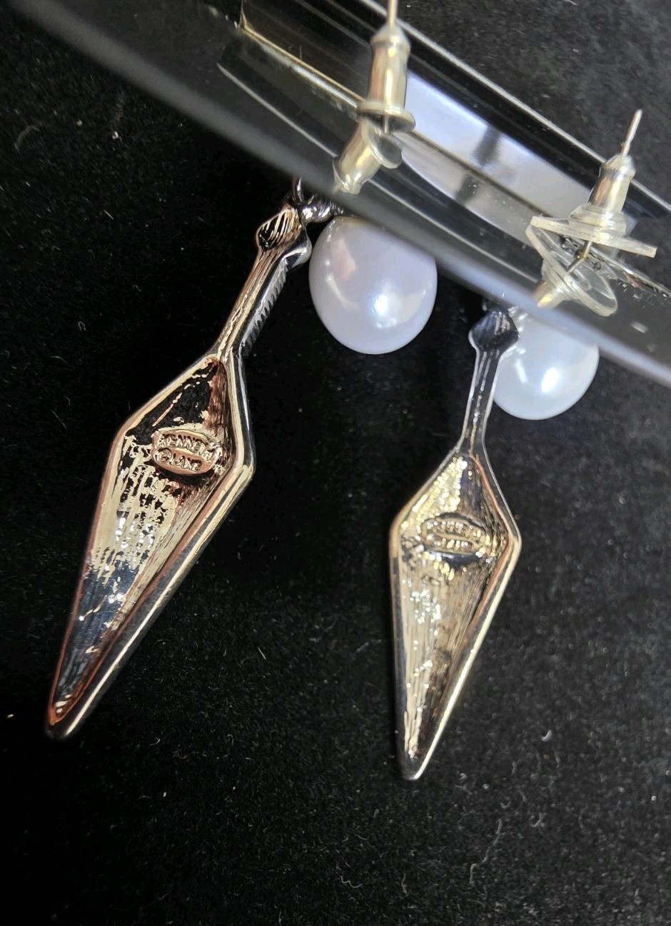 New Nwt Kenneth Jay Lane KJL Crystal Drop Dangle Earrings Faux Pearl Silver Tone