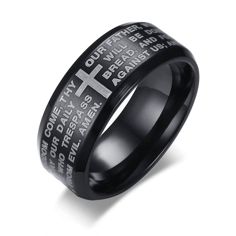 Religious Women Men Ring Bible Verse Cross Biker Jewelry Stainles Steel Black