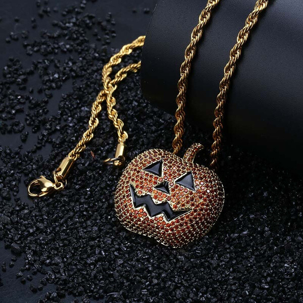 Pumpkin Jack O’Lantern Halloween Necklace, Pendant Sparkle, Autumn Fall Jewelry