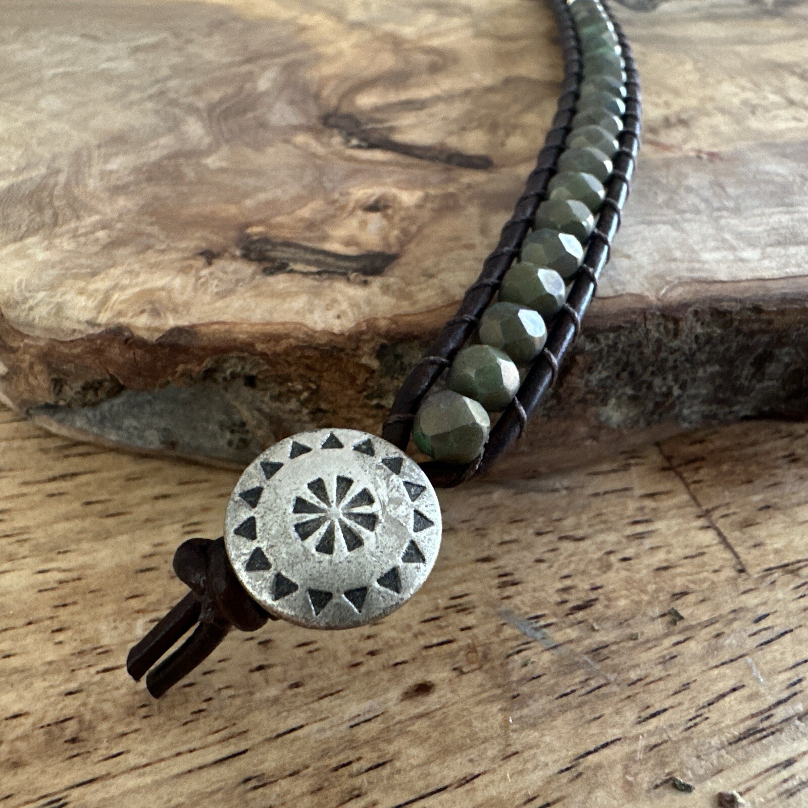 Beaded Leather Wrap Cuff Bracelet Silver Tone Button Closure