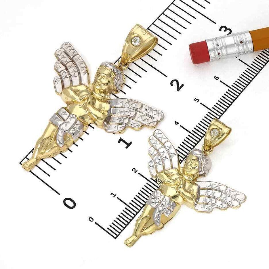 10K Yellow Gold Simulated Diamond Religious Angel Charm Pendant 2″-2.4″