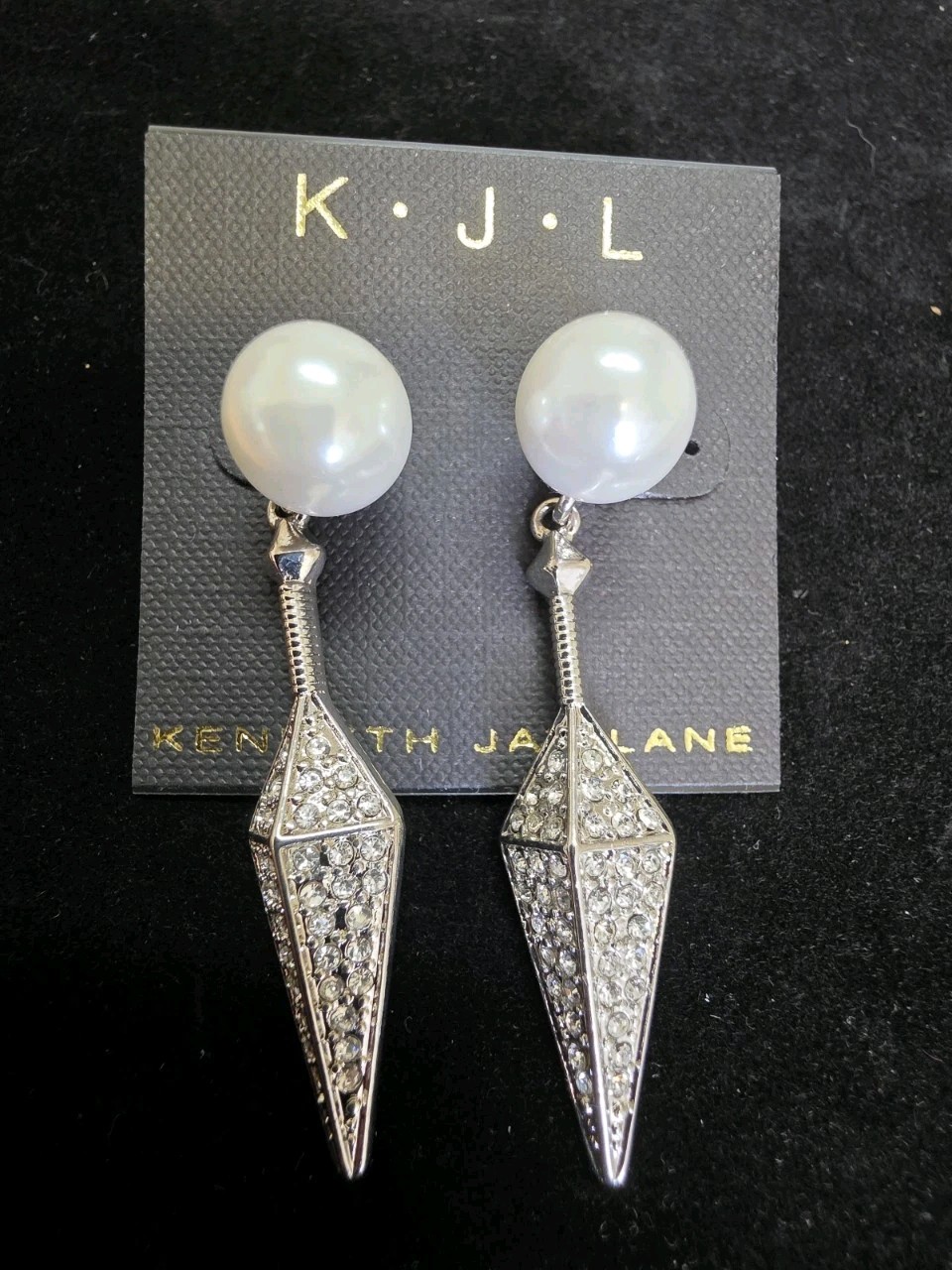 New Nwt Kenneth Jay Lane KJL Crystal Drop Dangle Earrings Faux Pearl Silver Tone
