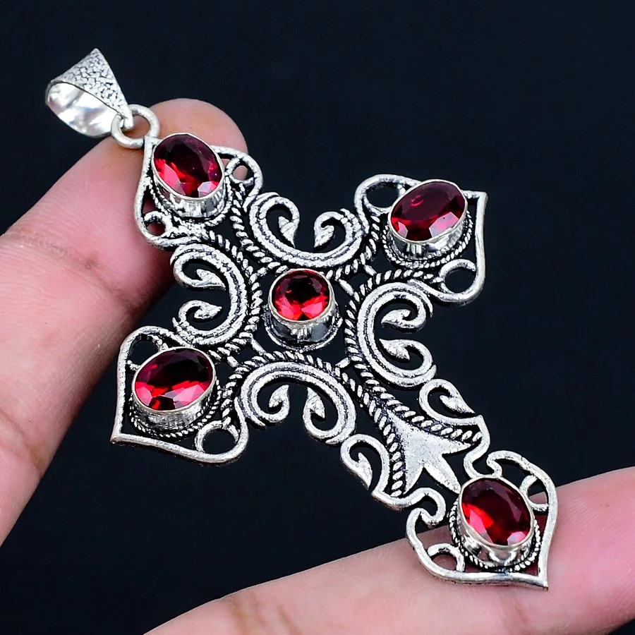 Mozambique Garnet 925 Silver Plated Handmade Pendant of 3″