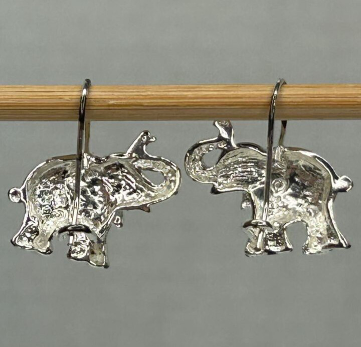 925 Elephant Earrings 0.75in Drop Silver Tone French Wire Detailed Trunk Up