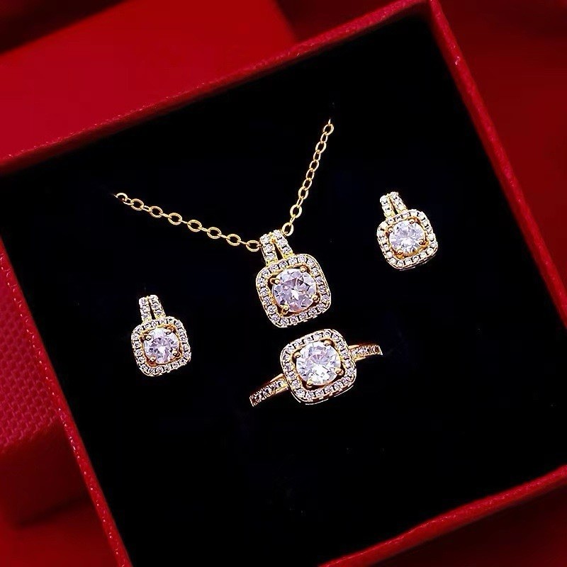 Luxury 3-Piece Gold Plated Halo Square Cubic Zirconia Jewelry Set