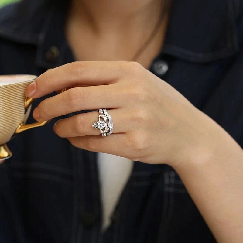 1.50Ct Heart Cut Moissanite Crown Claddagh Engagement Ring 925 Silver Plated