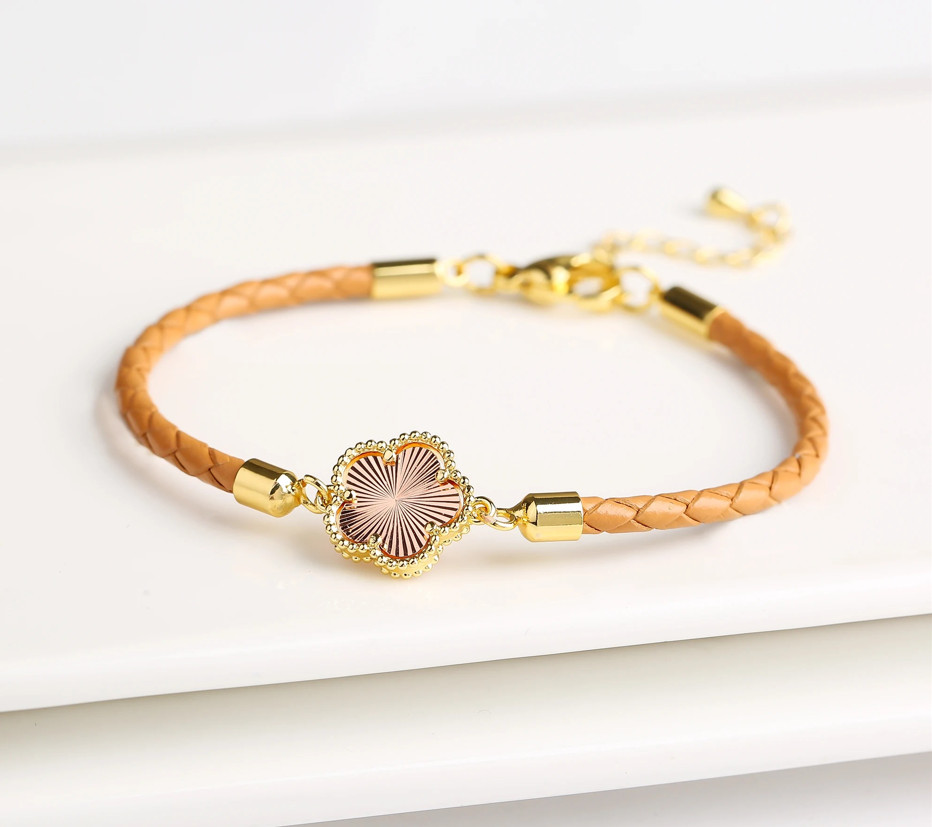 1 pc Genuine Leather Woven Bracelet Five Leaf Flower Charm Jewelry Gift