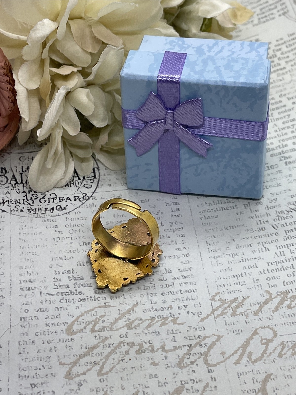 gold Dragonfly Blue White Cameo Nature Renaissance Gift Ring Adjustable Festival