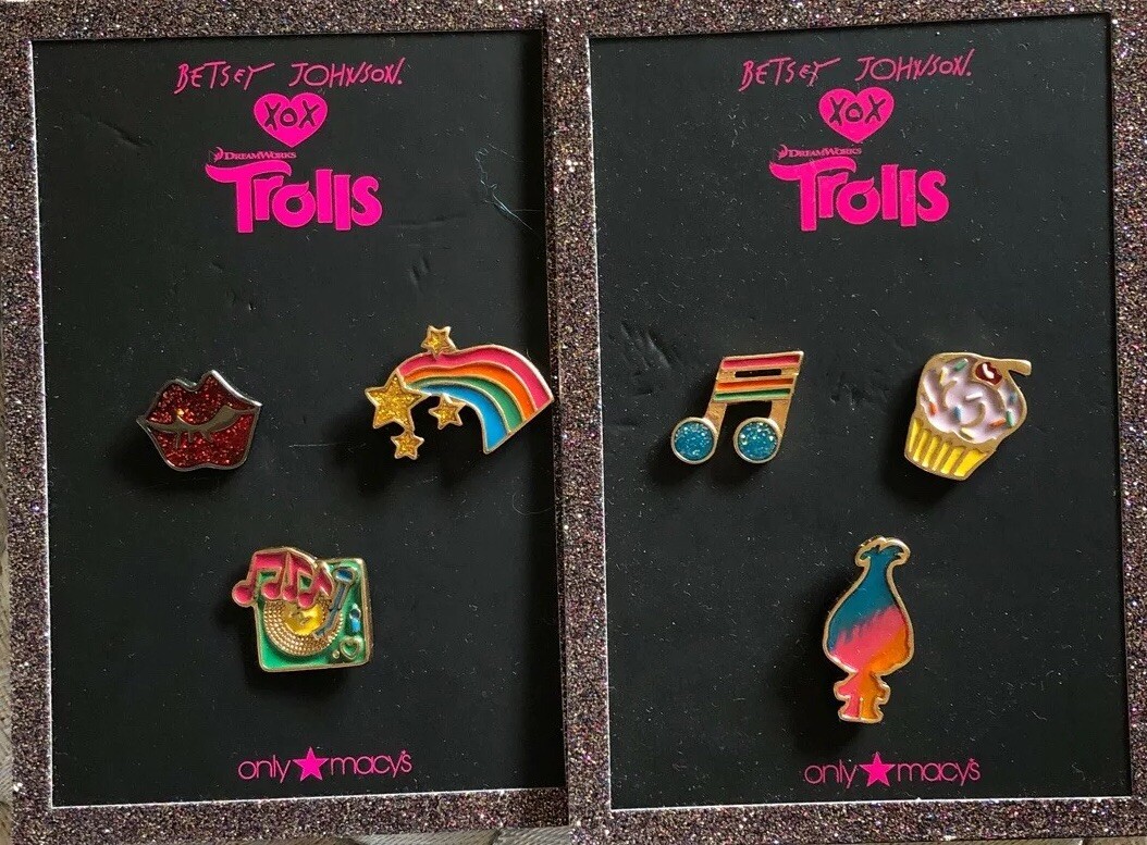 NWT Betsey Johnson XOX Trolls 6 Pins Rainbow Lips Record Player Macy’s Orig. $40