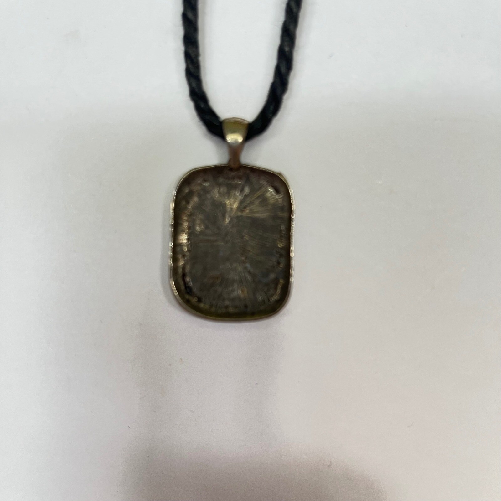 Ammolite Pendant Necklace Rectangle Silver Tone Green Black Cord Chain