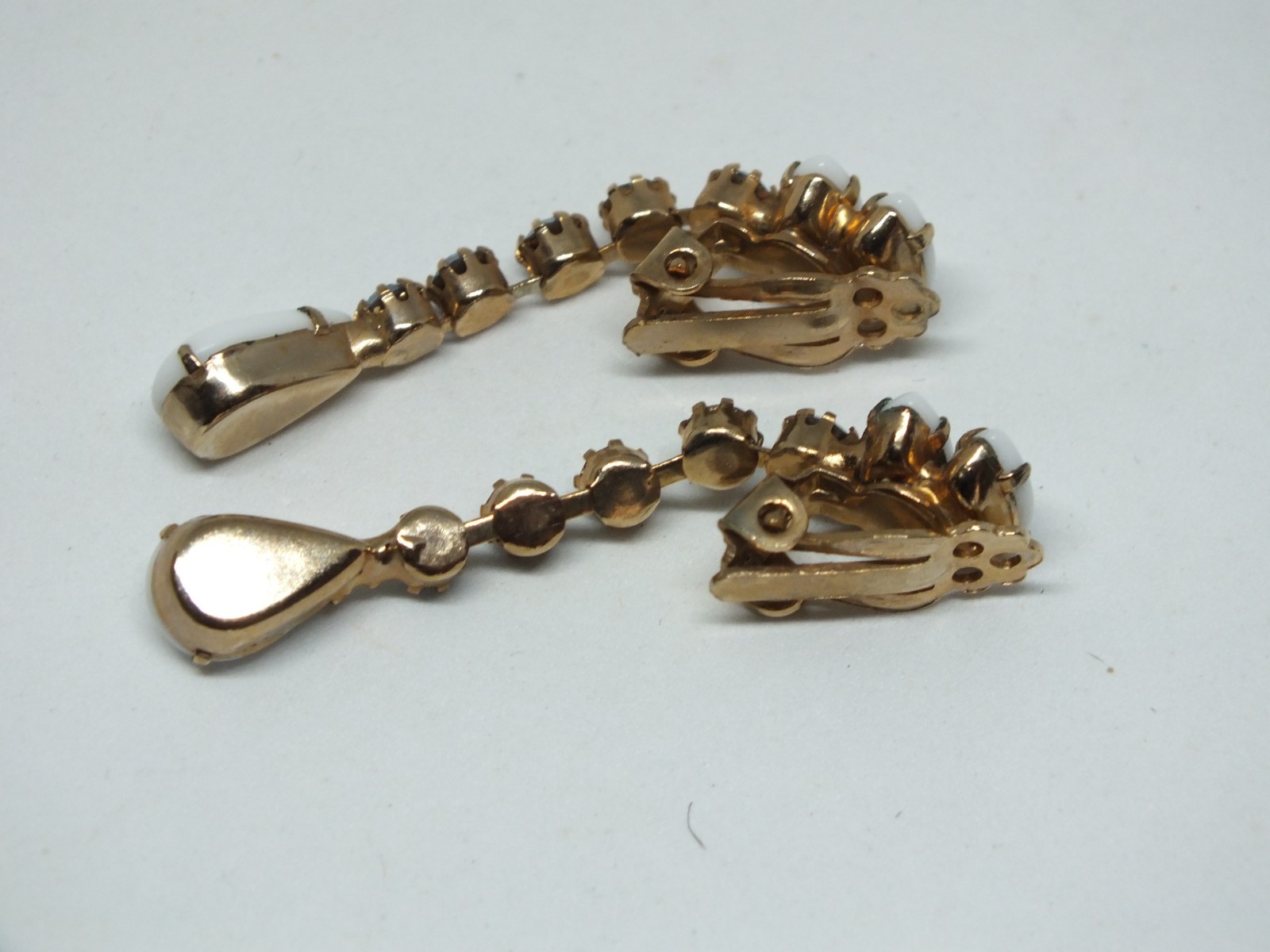 Beautiful Gold Tone Clip Earrings White Blue Prong Set Rhinestones