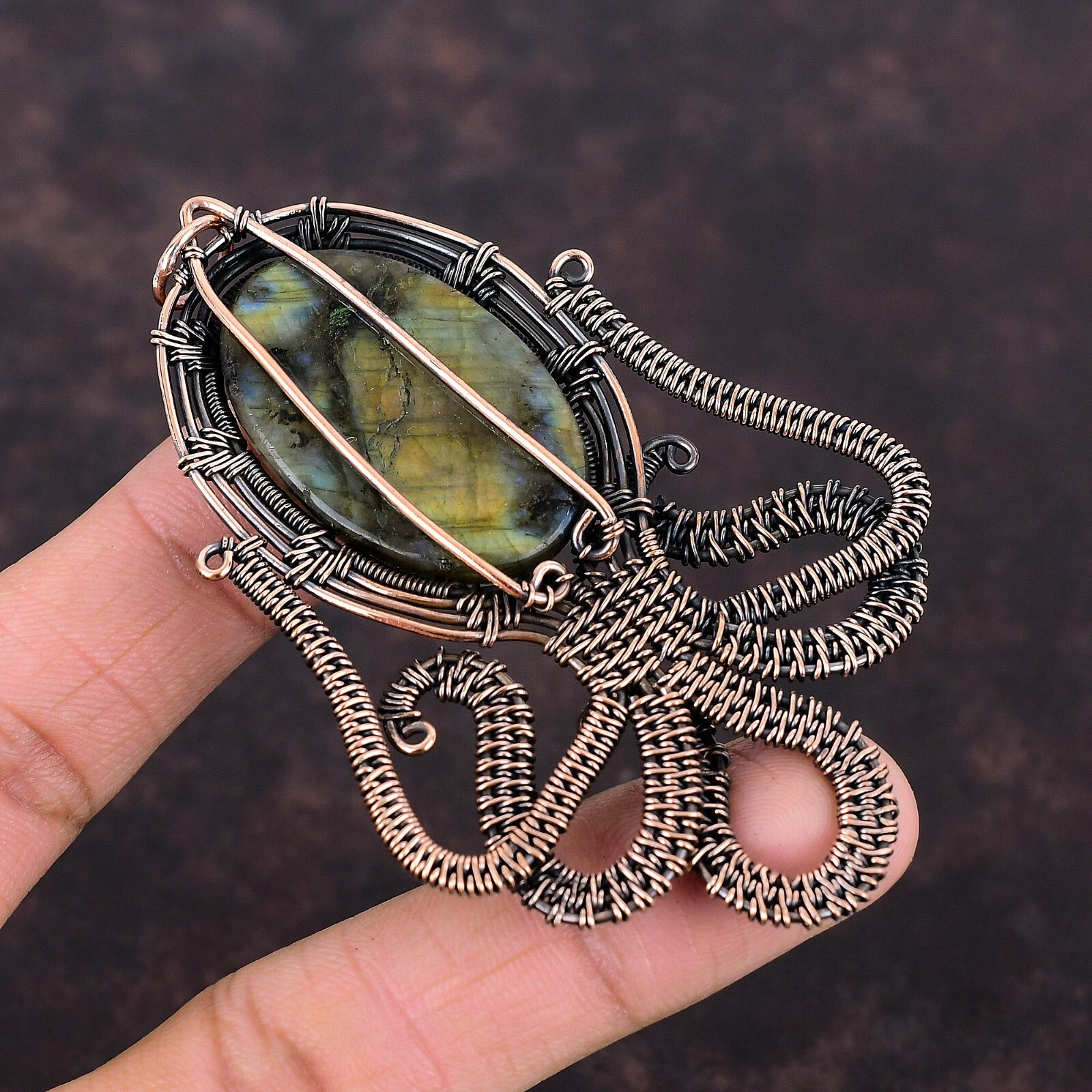 Gift For Her Copper Labradorite Jewelry Wire Wrapped Octopus Pendant 3.58″