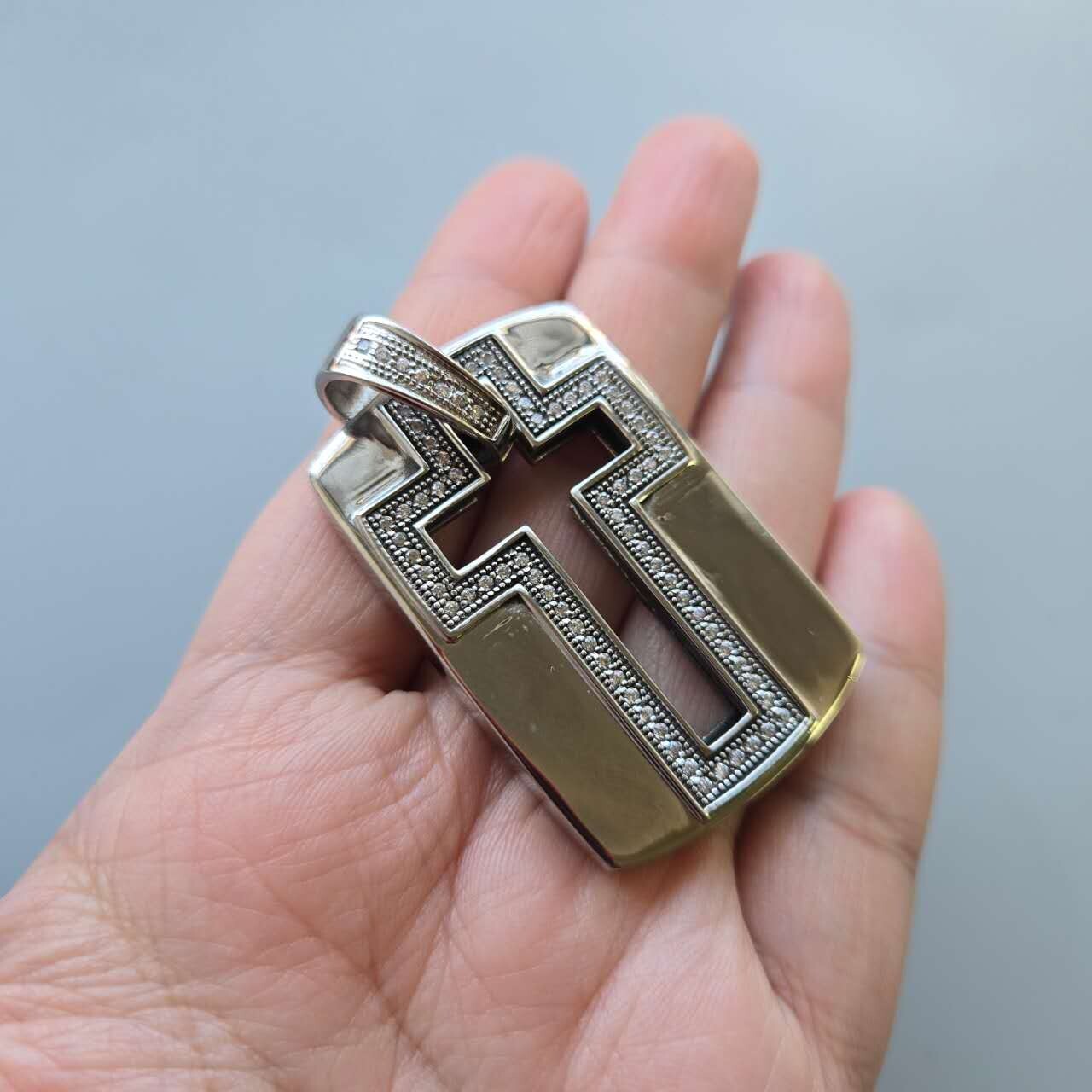 Stainless Steel Oxidized Rhodium Cross CZ Dog Tag Pendant