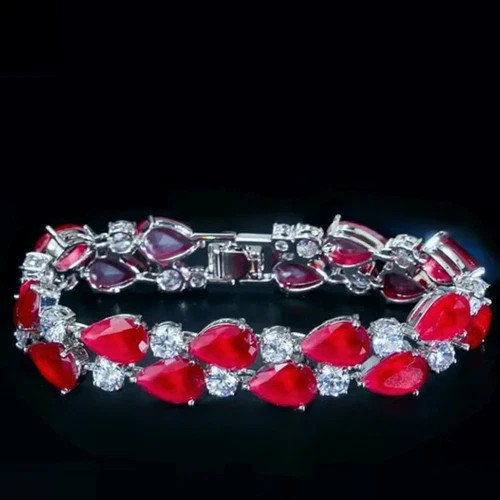 18k White Gold Filled Lab-Created Red Ruby & Simulated Diamond Tennis Bracelet