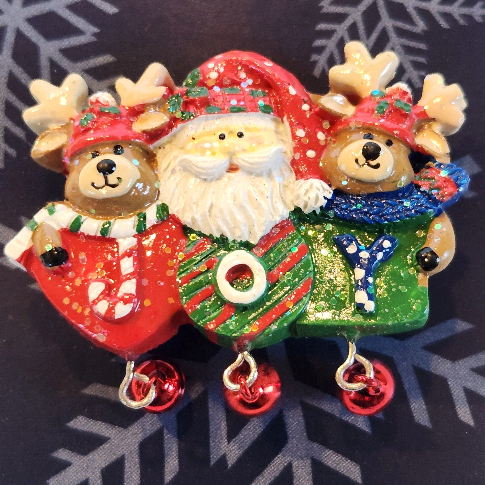 Santa With Teddy Bear Reindeer Christmas Pin Hanging Bells 2″ X 2″ CBOCS Dist.