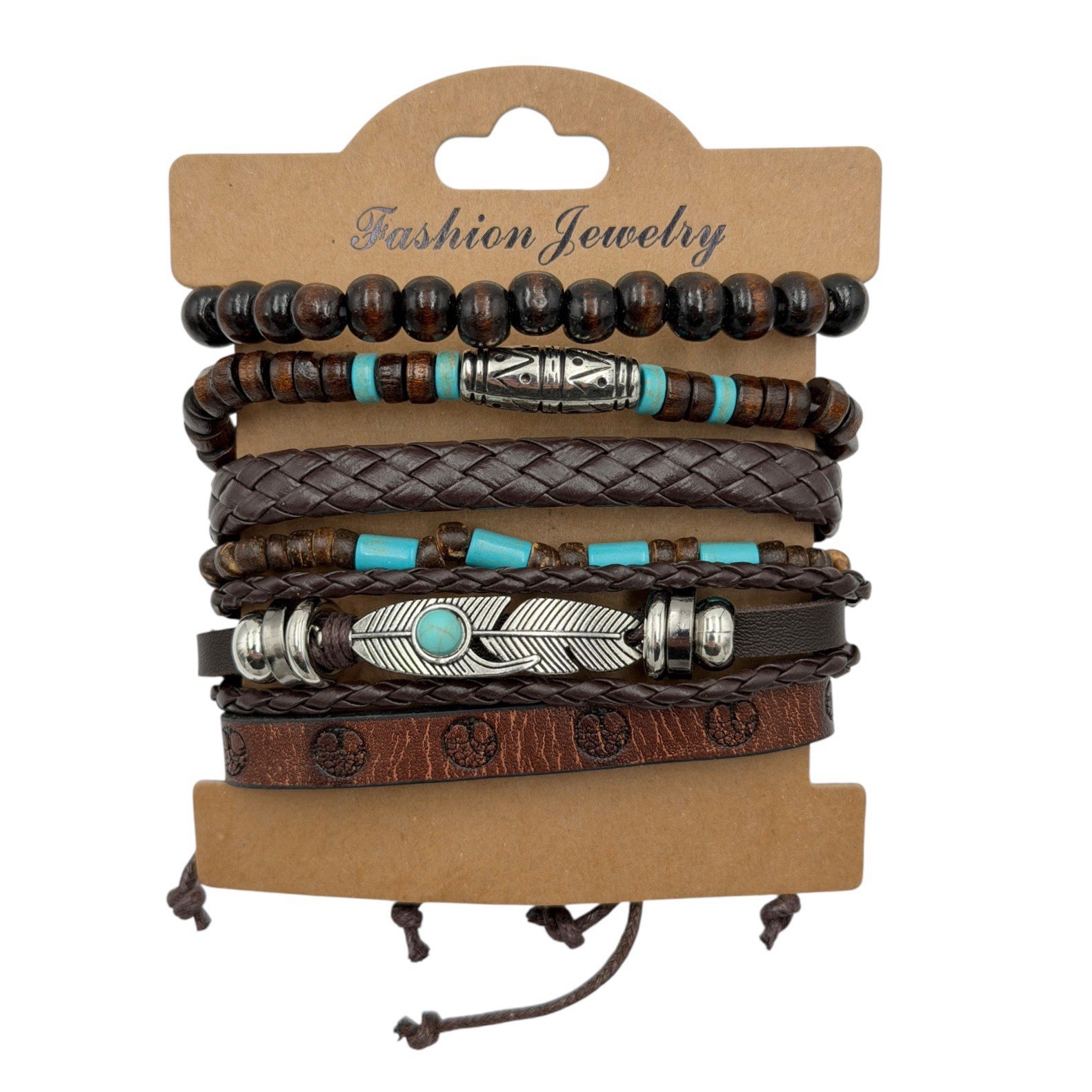 NEW Boho PU Leather Bracelet Set Brown Turquoise Beads Adjustable Unisex (G)