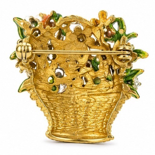 My Fair Lady Vintage Enamel Flower Basket Brooch Gold Tone Rhinestone Boquet Pin