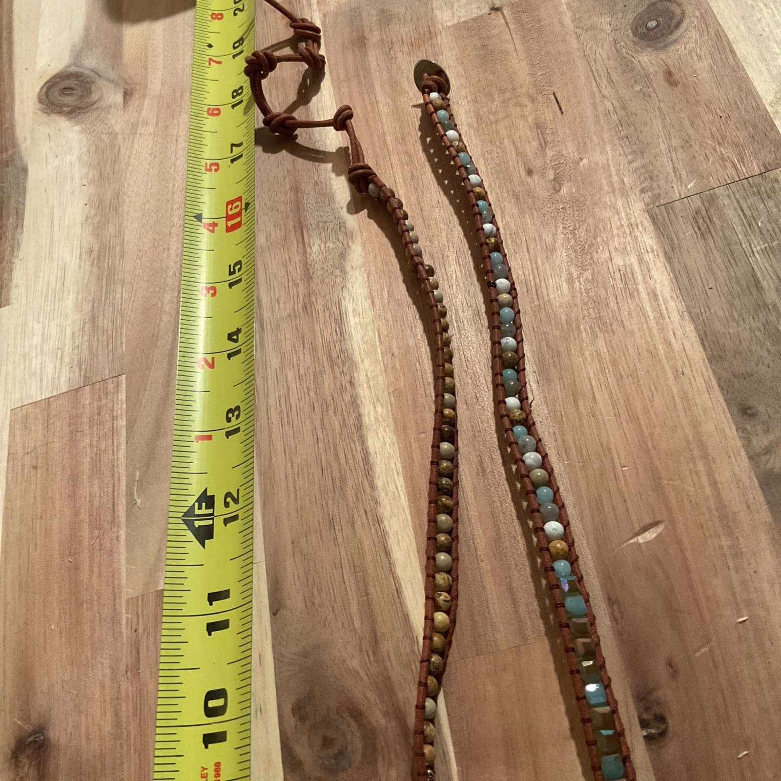 Blue Turquoise Color Stone Gold Edges Leather Beaded Necklace 17 Inches Long