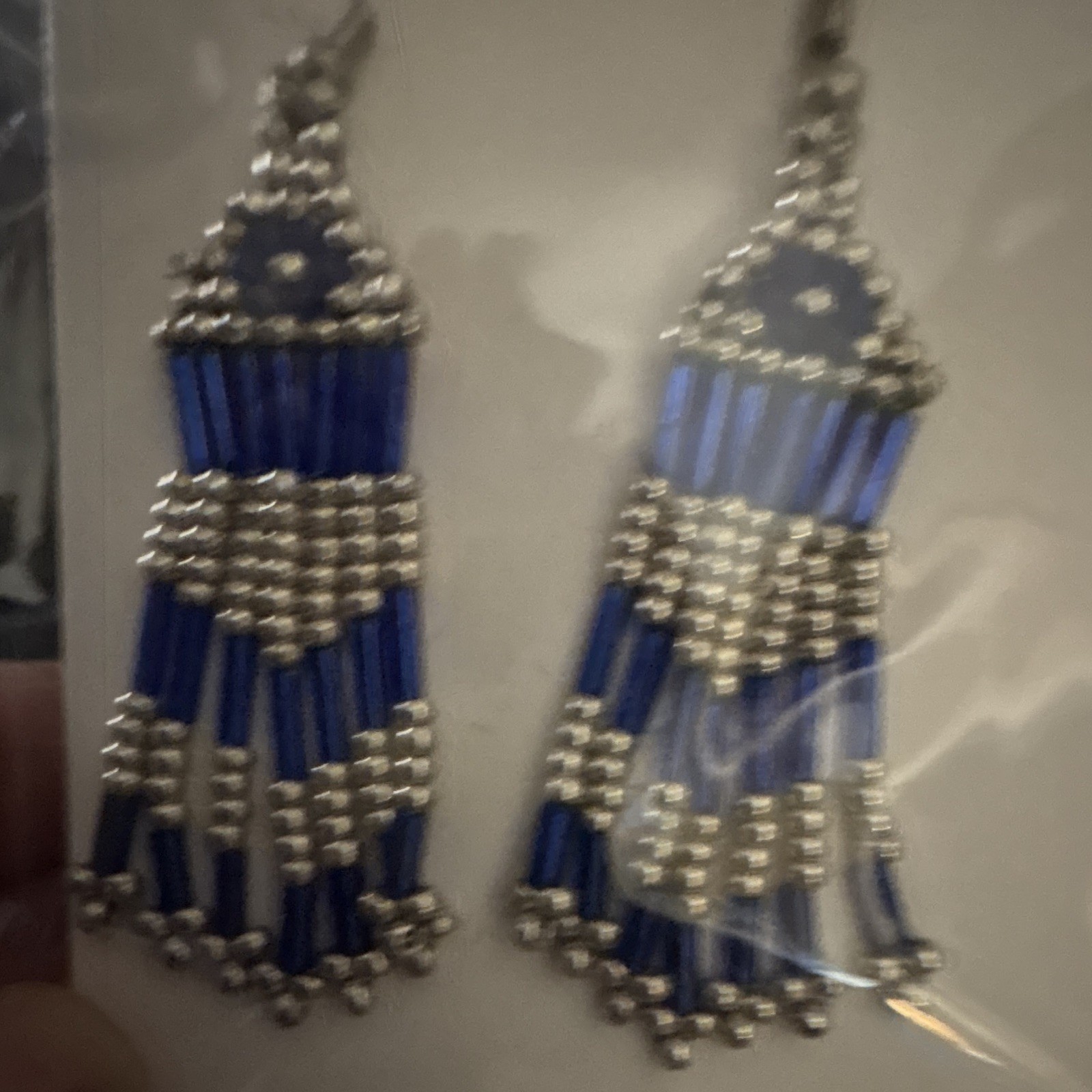 Blue Silver Beaded Dangle/Drop Hook Earrings Glass Tube Beads No Stone
