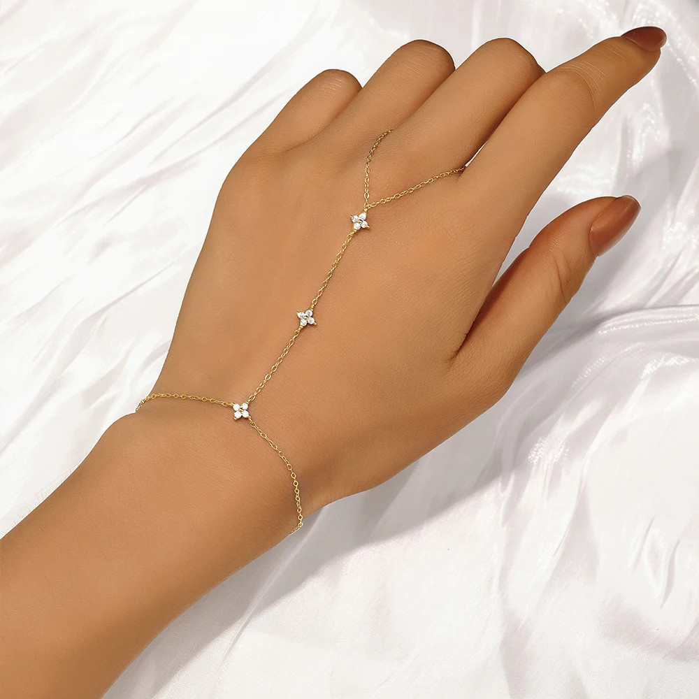Sterling Silver Hand Chain Bracelet Heart Star Simulated Zirconia Jewelry