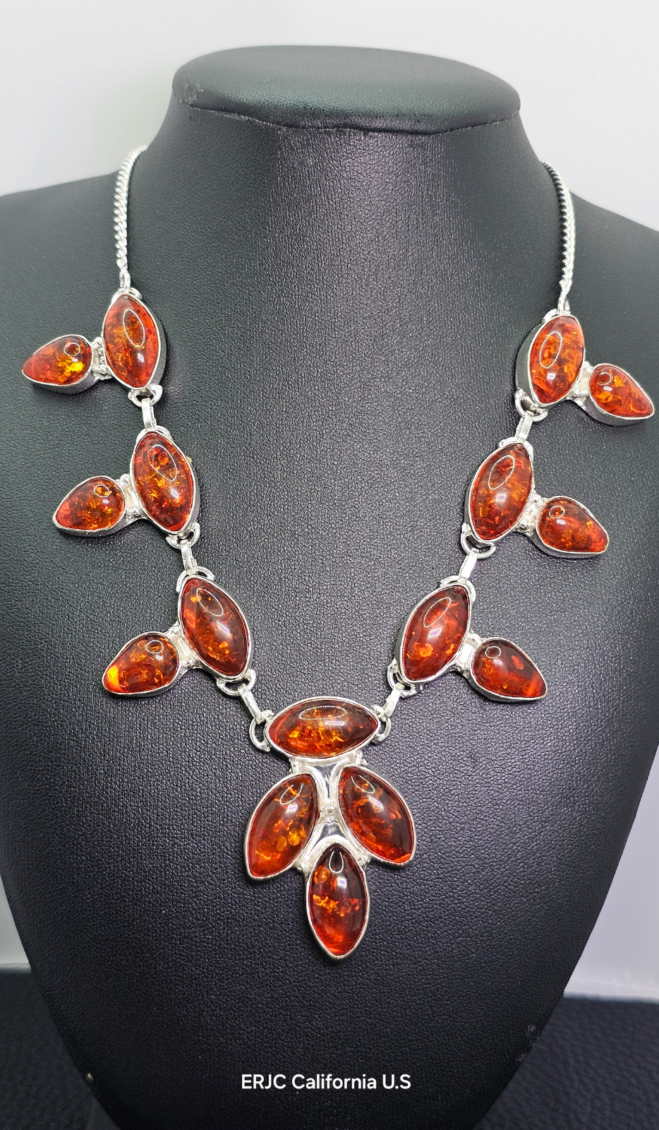 Orange Oval Pear Baltic Amber Artisan Sterling Silver, 925 Necklace 20.5 inch