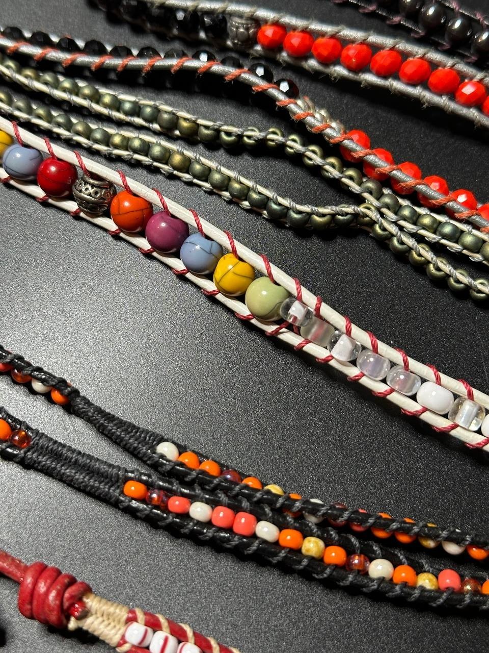 Lot of 11 leather cord wrap bracelets multicolor handmade Czech glass millefiori