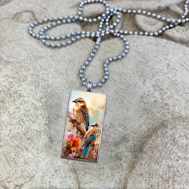 Bluebird Rectangle Inspirational Jewelry Metal Glass Bird Pendant Necklace