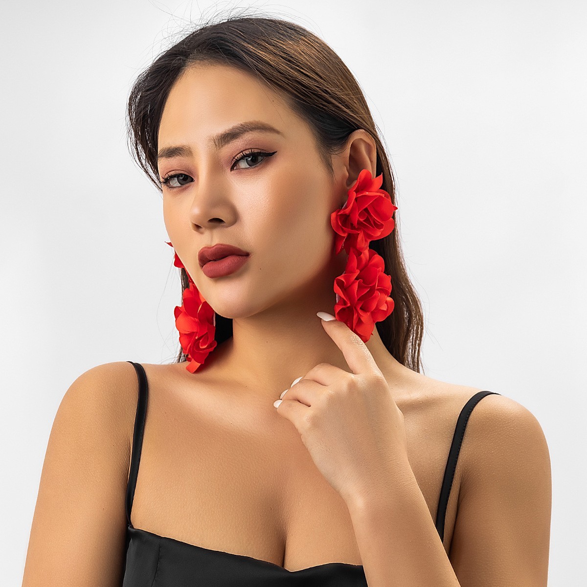 Red Flower Fabric Bold Dangling Earrings for Women – Elegant Statement Jewelry