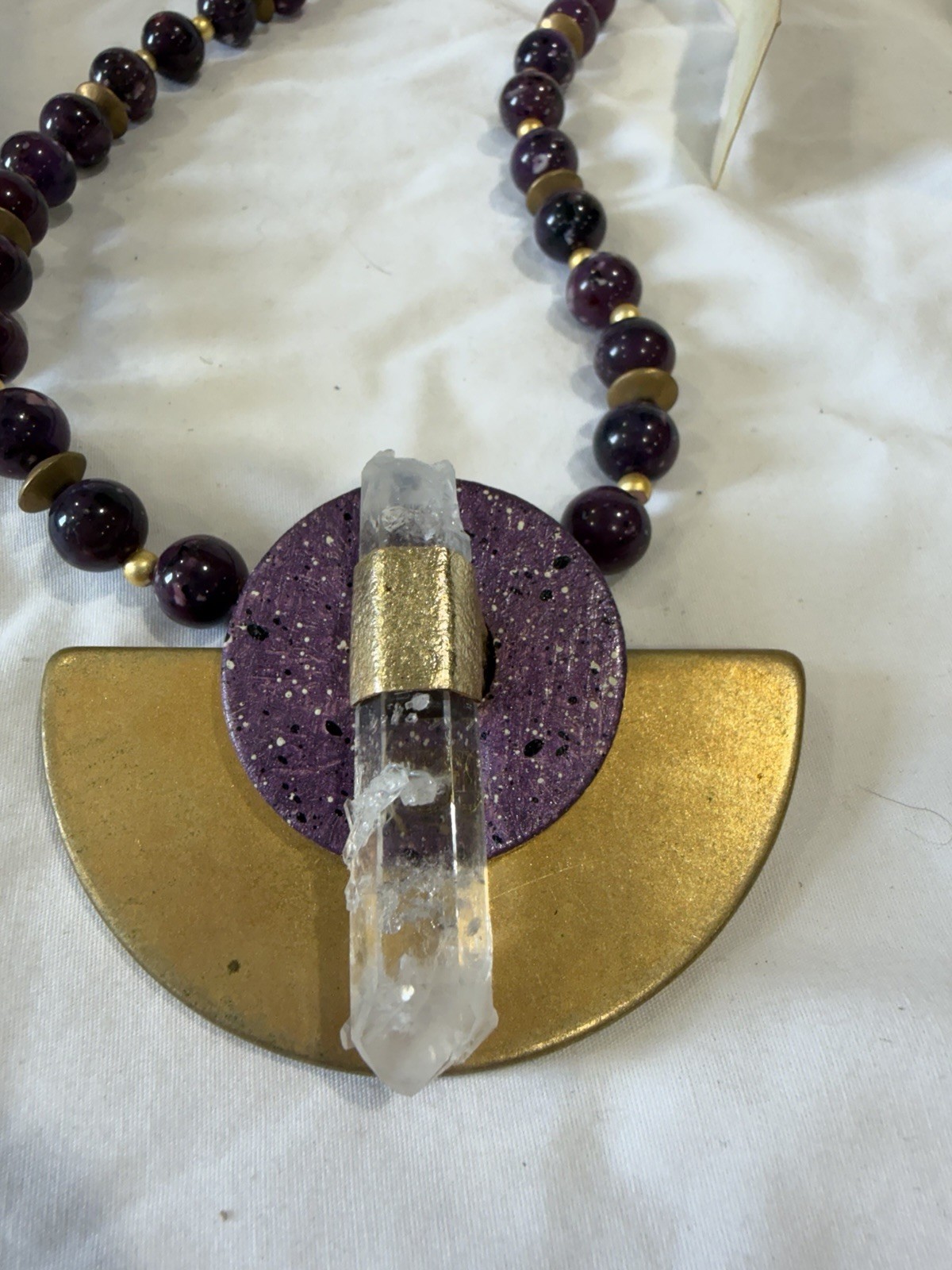 Simonetta San Francisco Purple Beaded Necklace Gold Asymmetrical Amulet Pendant