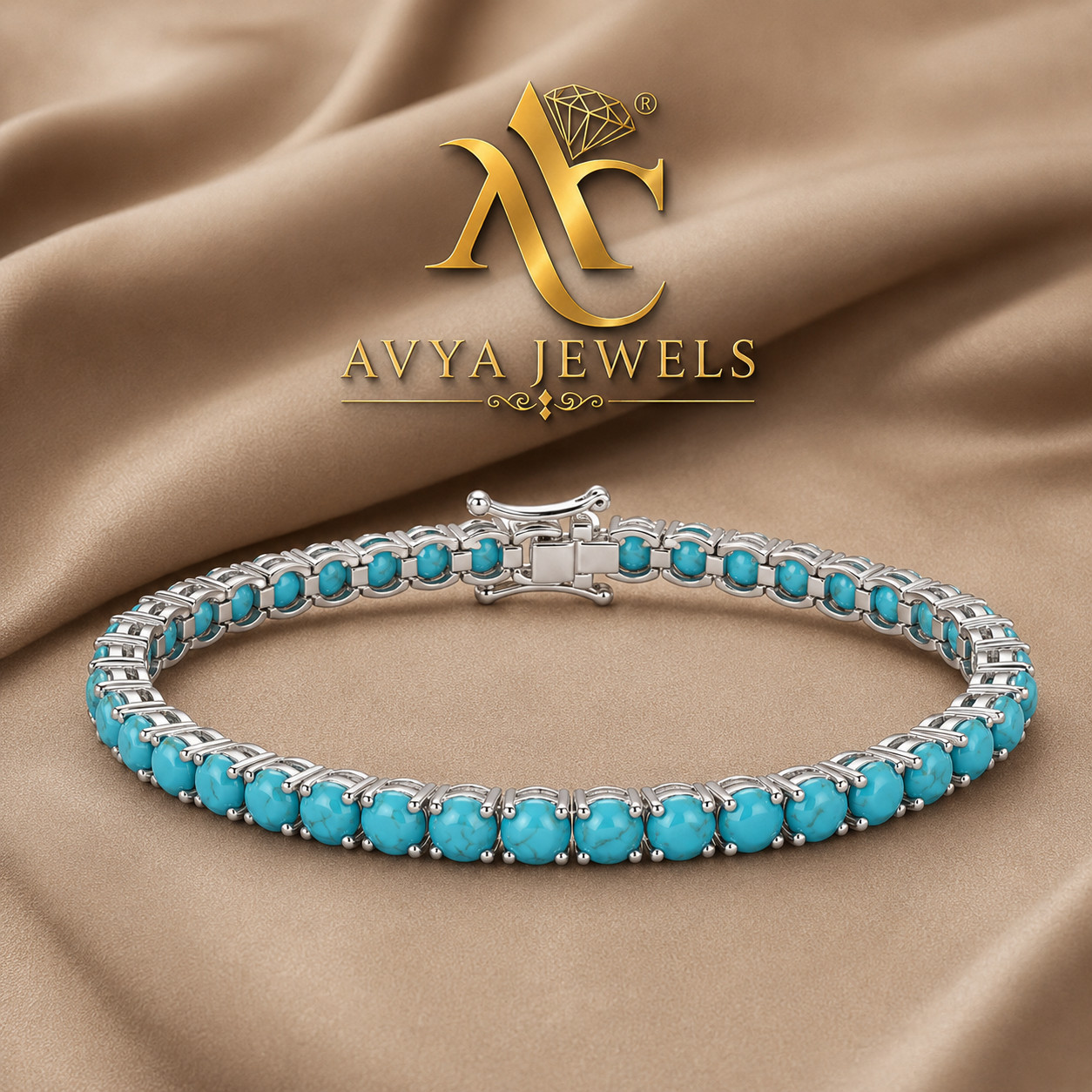 5 MM Round Lab Creted Turquoise Tennis Bracelet 925 Silver 14k White Gold Plated