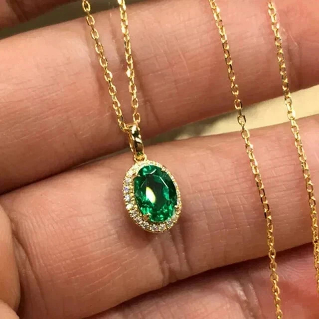2Ct Oval Cut Simulated Green Emerald Women’sPendant Chain 14K Yello Gold Plated