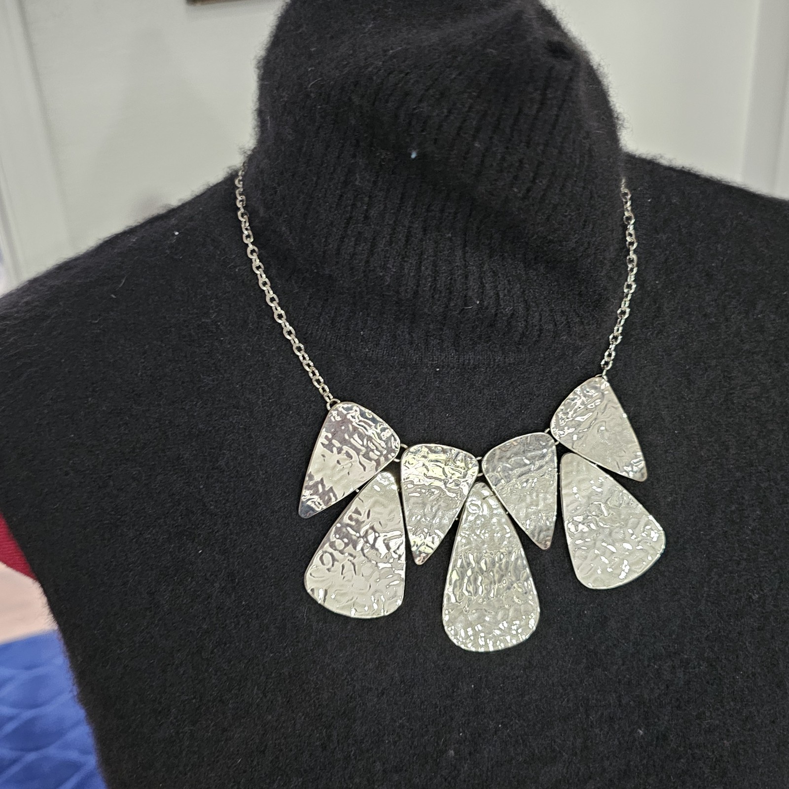 Silver Tone Hammered Metal Statement Bib Necklace Modern Geometric