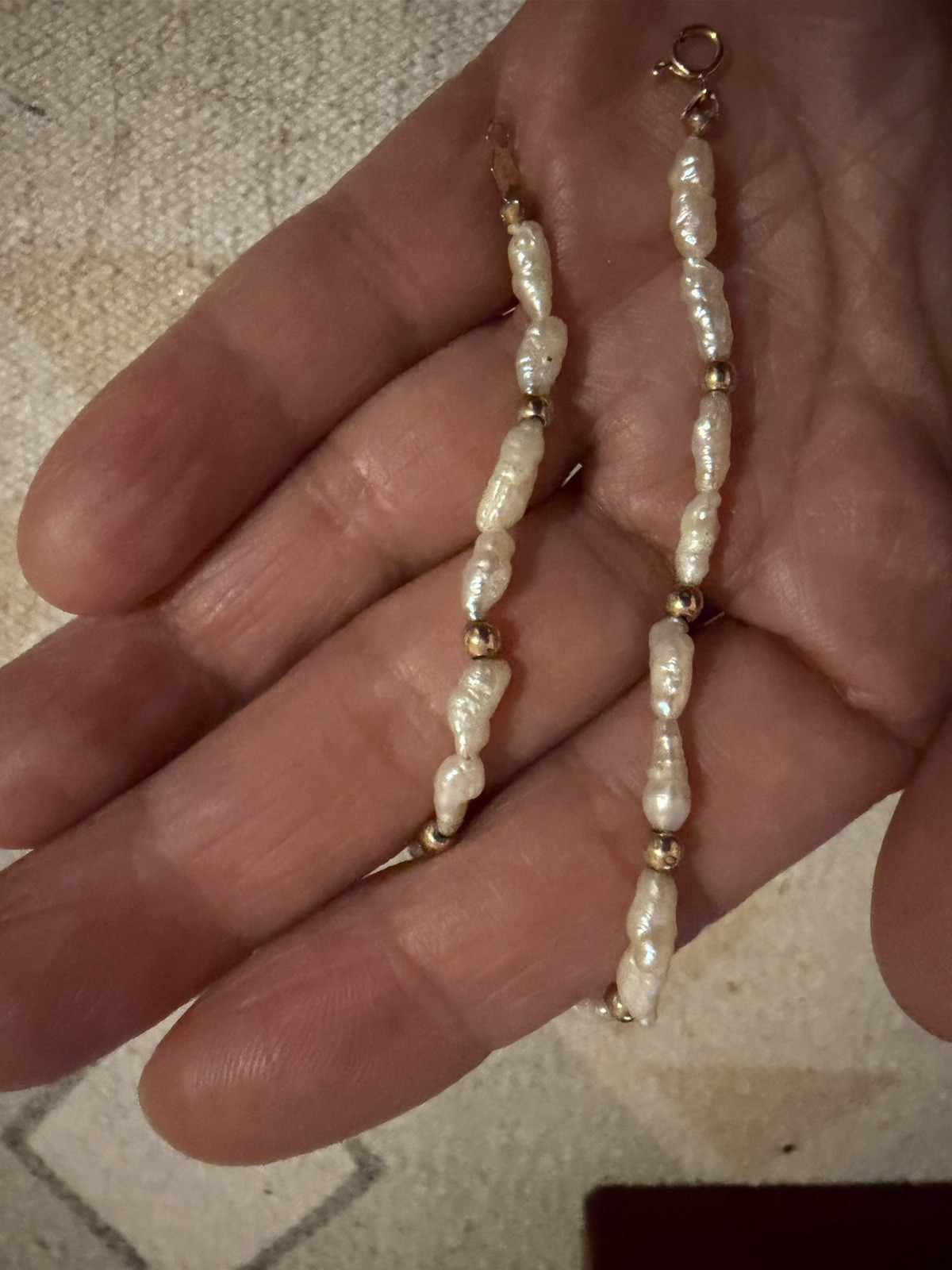 14K Baroque White Pearl Beaded Bracelet Spring Ring 7 in