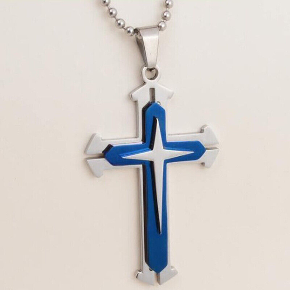 Vintage Cross Pendant Necklace BLUE & Gold Stainless Steel Alloy Unisex Crucifix