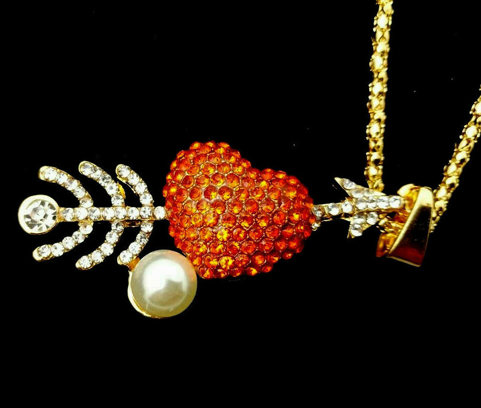 3D CUPID Arrow VALENTINE HEART Rhinestone Retro LOVE Necklace Red
