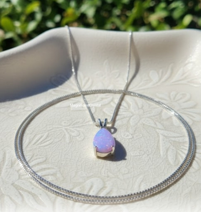 Dainty Opal Purple Pendant Teardrop Minimalist Opalite Necklace Women Jewelry