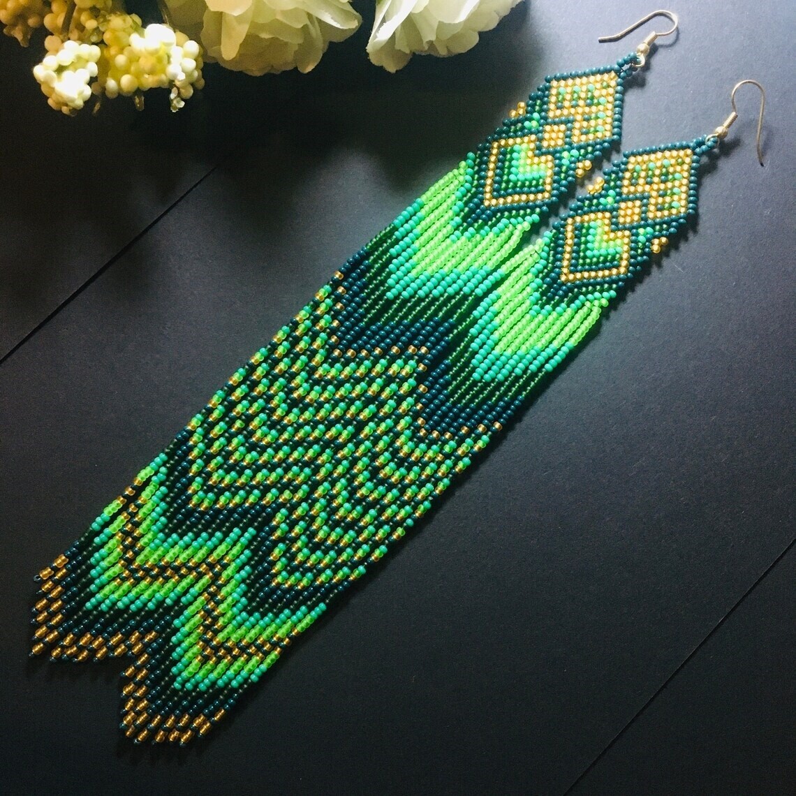 Handmade Nataive American style long seed beads Beaded earrings , African style.