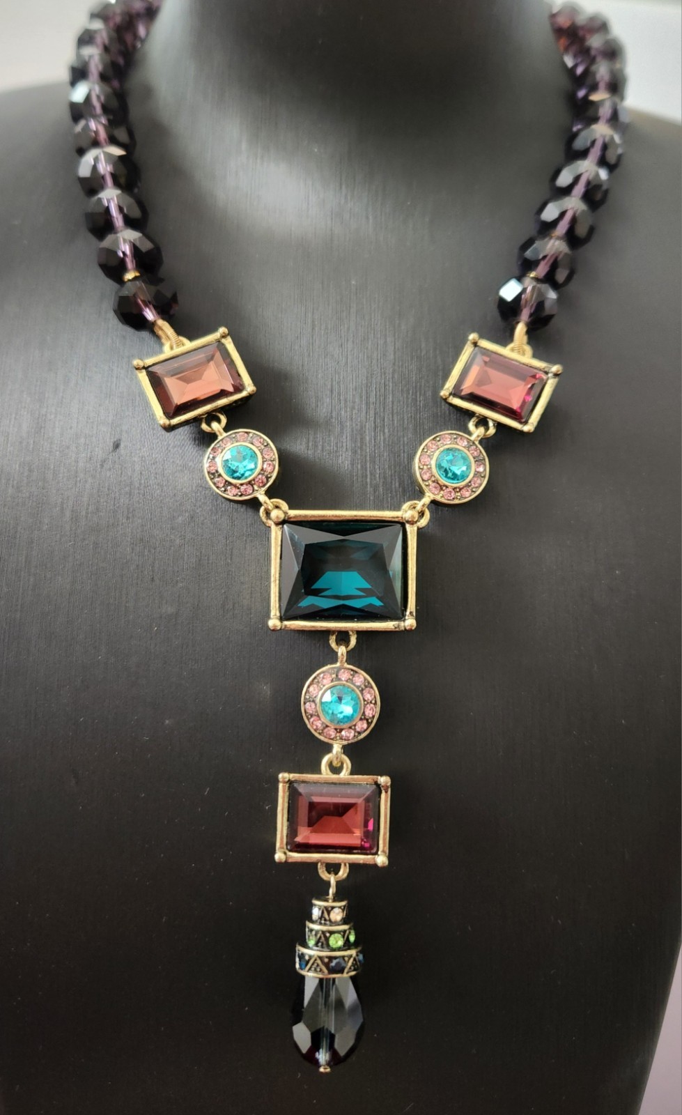 Heidi Daus Dark Jewel Tones Geometric Necklace SIGNED
