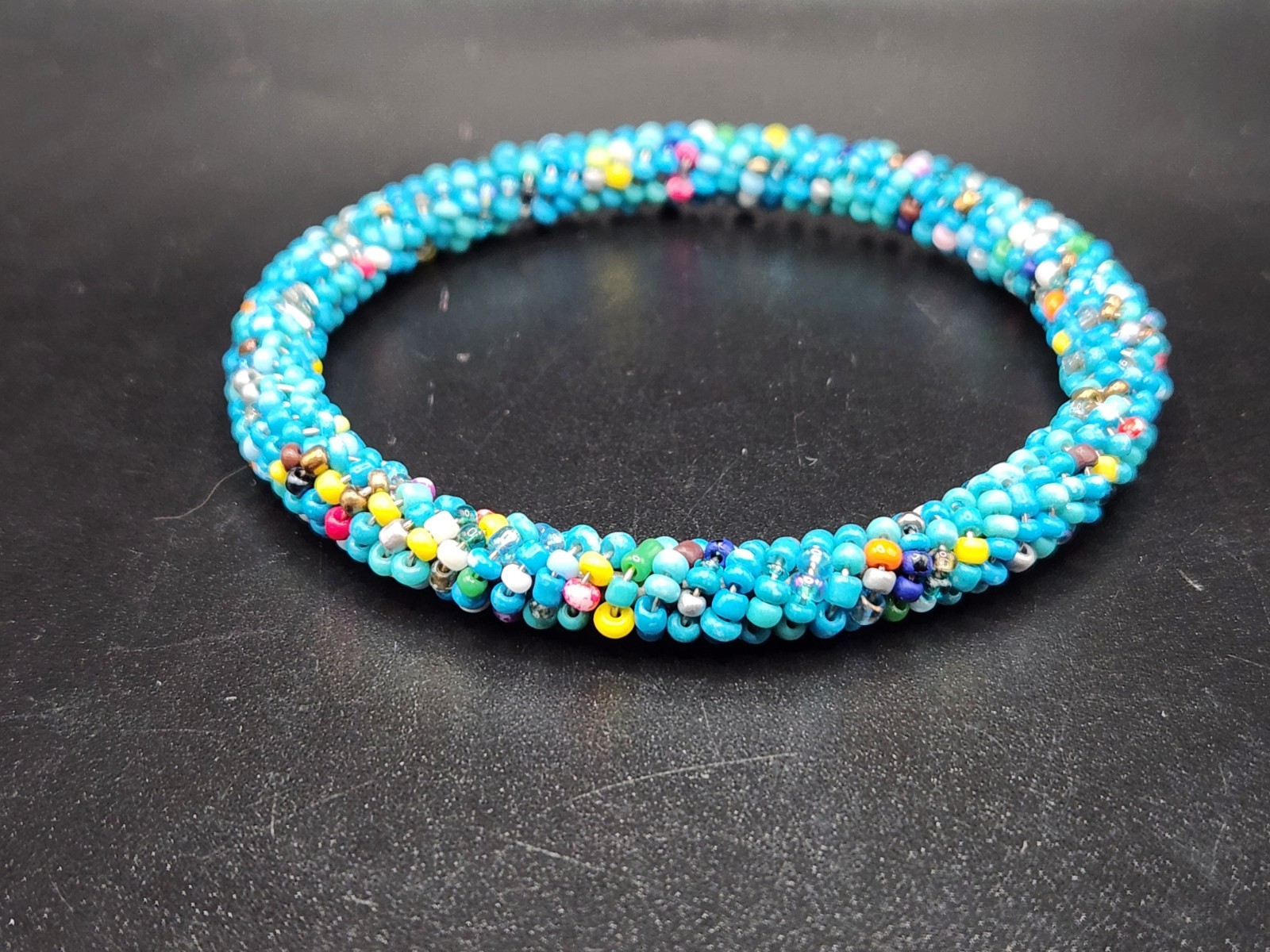 #0358 – Turquoise Blue Multicolor Seed Bead Bangle Bracelet Size 7.5 Boho…