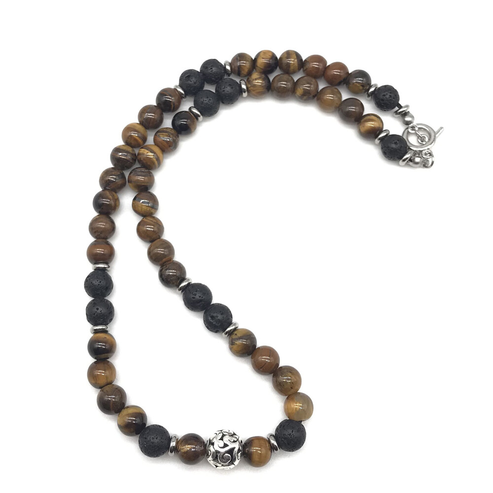 Men’s 8mm Natural Tiger Eye Lava Bead Necklace Stainless Steel Toggle 18/20/24″S