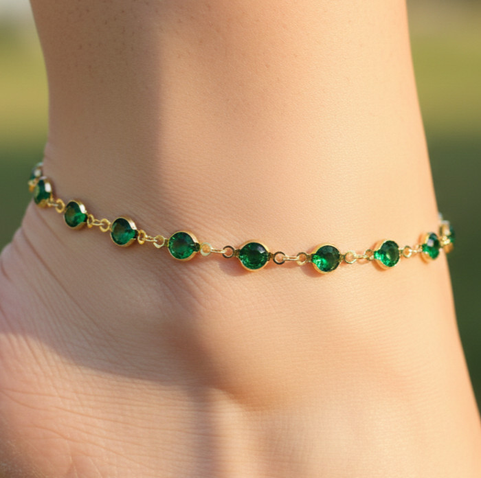 Elegant Gold Color Emerald Green Stone Anklet 18K Gold Plated Designer Anklet