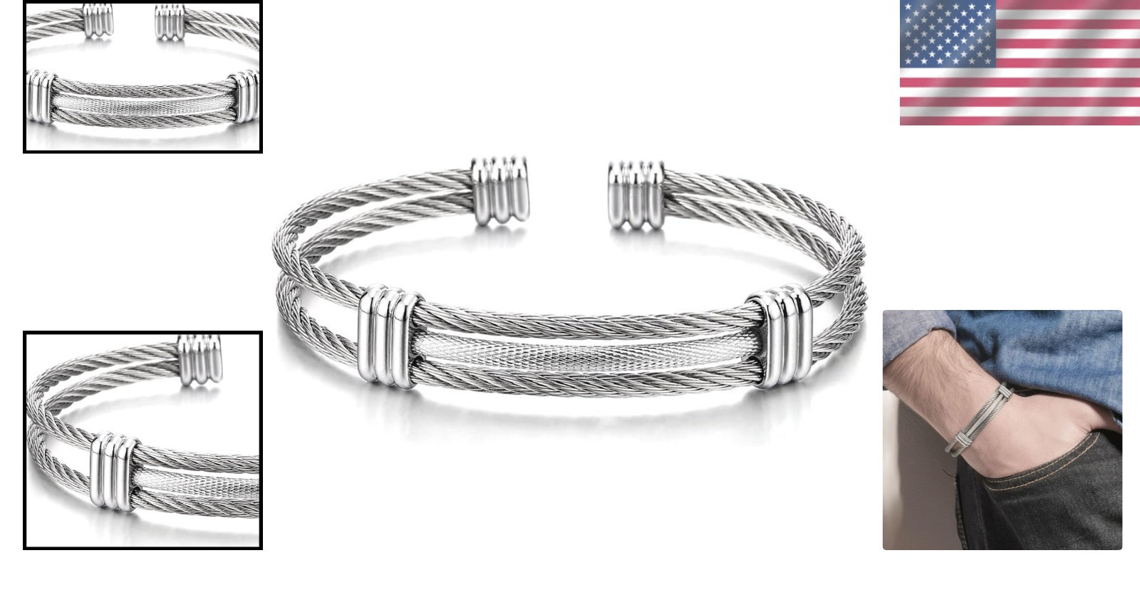 Sophisticated Twisted Cable Cuff Bracelet in Stainless Steel, Fits 19-22cm