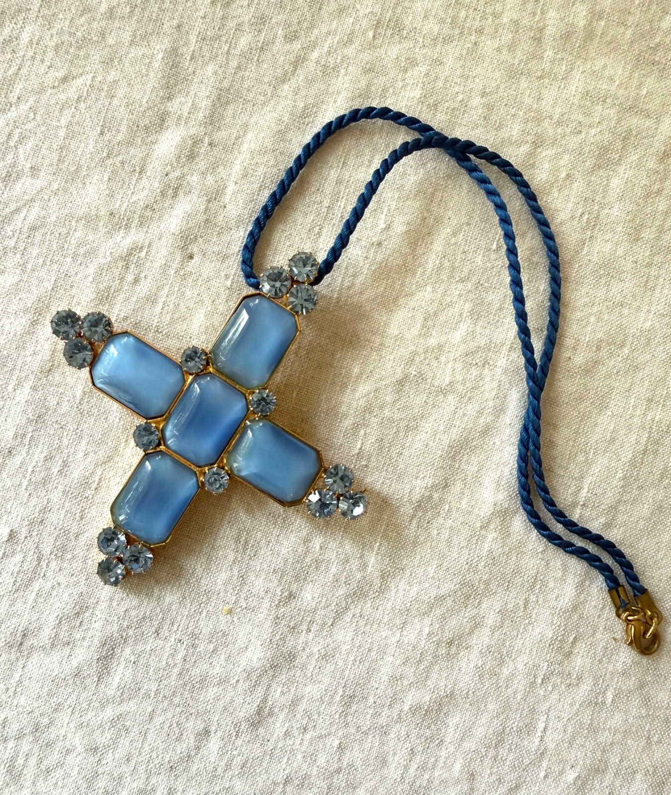 NWOT Vintage French Couture Style Cross / Brooch-Pendant Blue Glass 1980s