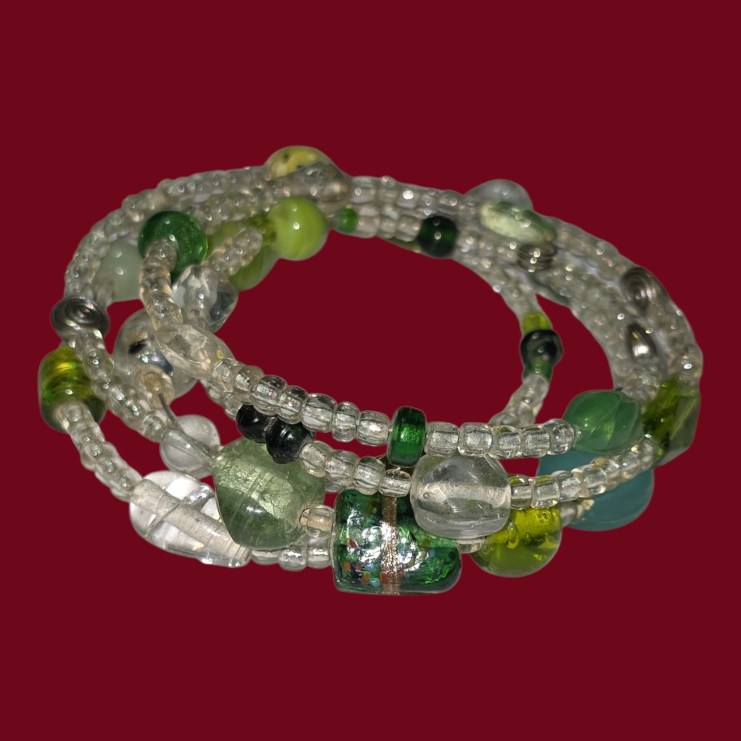 2 Memory Wire Green & Multi Color Peacock Beads Layered Bracelet Fits All Wrists
